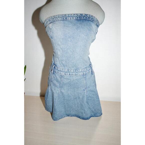 ZARA TRF Strapless Pleated Denim Mini Dress XL NWT | Y2K Corset Tube Style - Picture 12 of 14